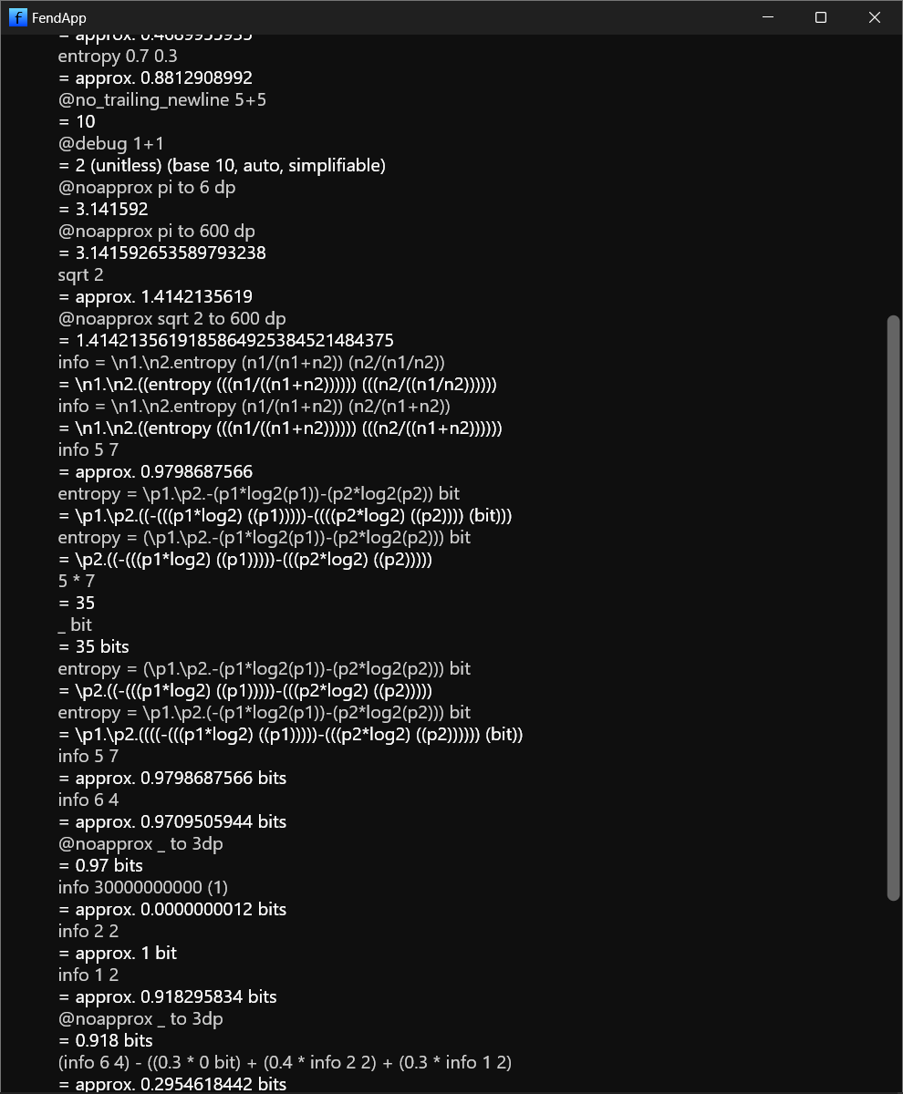 Complex example of a FendApp session, too many calculations to type here