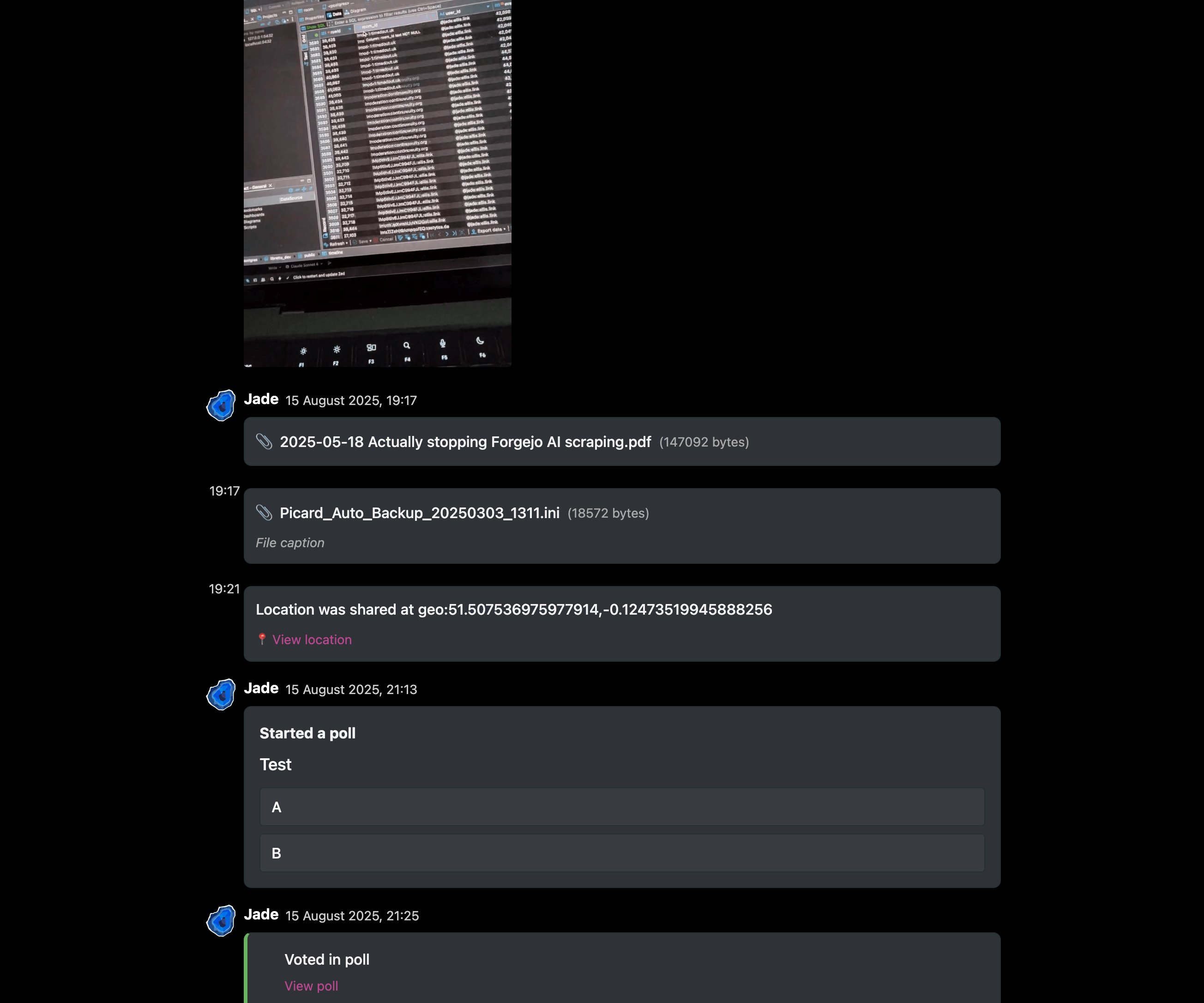 Test room showing various Matrix message types
